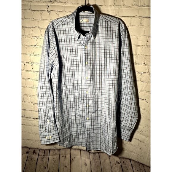 PETER MILLAR MENS BLUE AND BEIGE PLAID LONG SLEEVE BUTTON FRONT SHIRT (L) WORN O - Picture 1 of 6